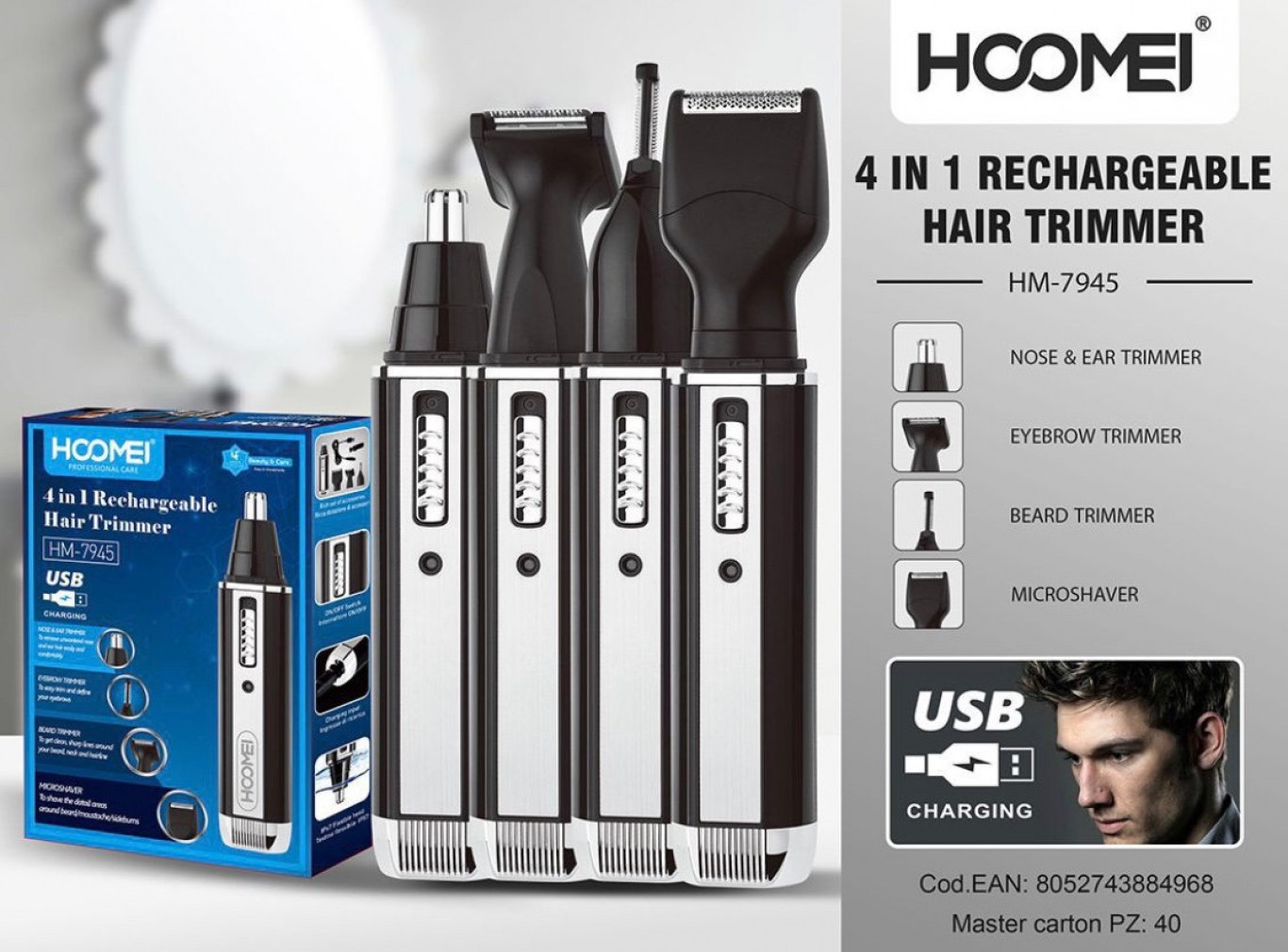 Hoomei® Επαναφορτιζόμενη Μηχανή Τρίμμερ Προσώπου με 4 Διαφορετικές Κεφαλές 4 σε 1 - Hair Trimmer HM-7945
